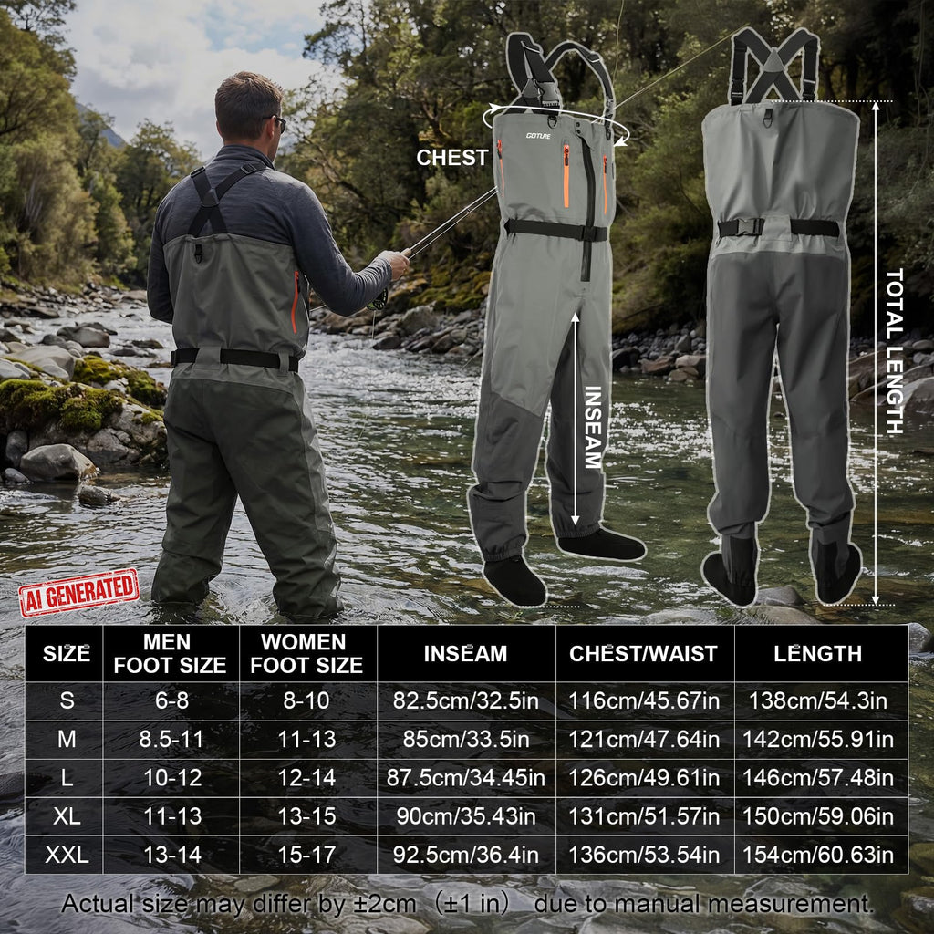 Goture 5-Layer Waterproof Zip Front Stocking Foot Waders, Breathable Fly Fishing Waders for Men Women with Handwarmer, Multiple Storage Pockets, Waist Belt, Fishing Chest Wader for Fishing XXL