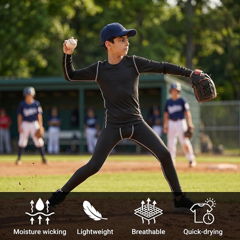 Base Layer Set for Kids - Long Sleeve Top + Full Length Pants, 4-Way Stretch, Quick Dry, 120–160 cm, Variation: Black+5