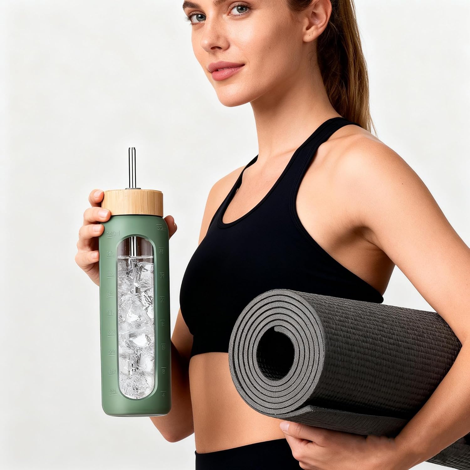 Skiennix 32 oz Glass Water Bottle - Borosilicate Tumbler with Silicone Sleeve & Bamboo Straw Lid | Leakproof, BPA-Free for Gym, Office & Travel