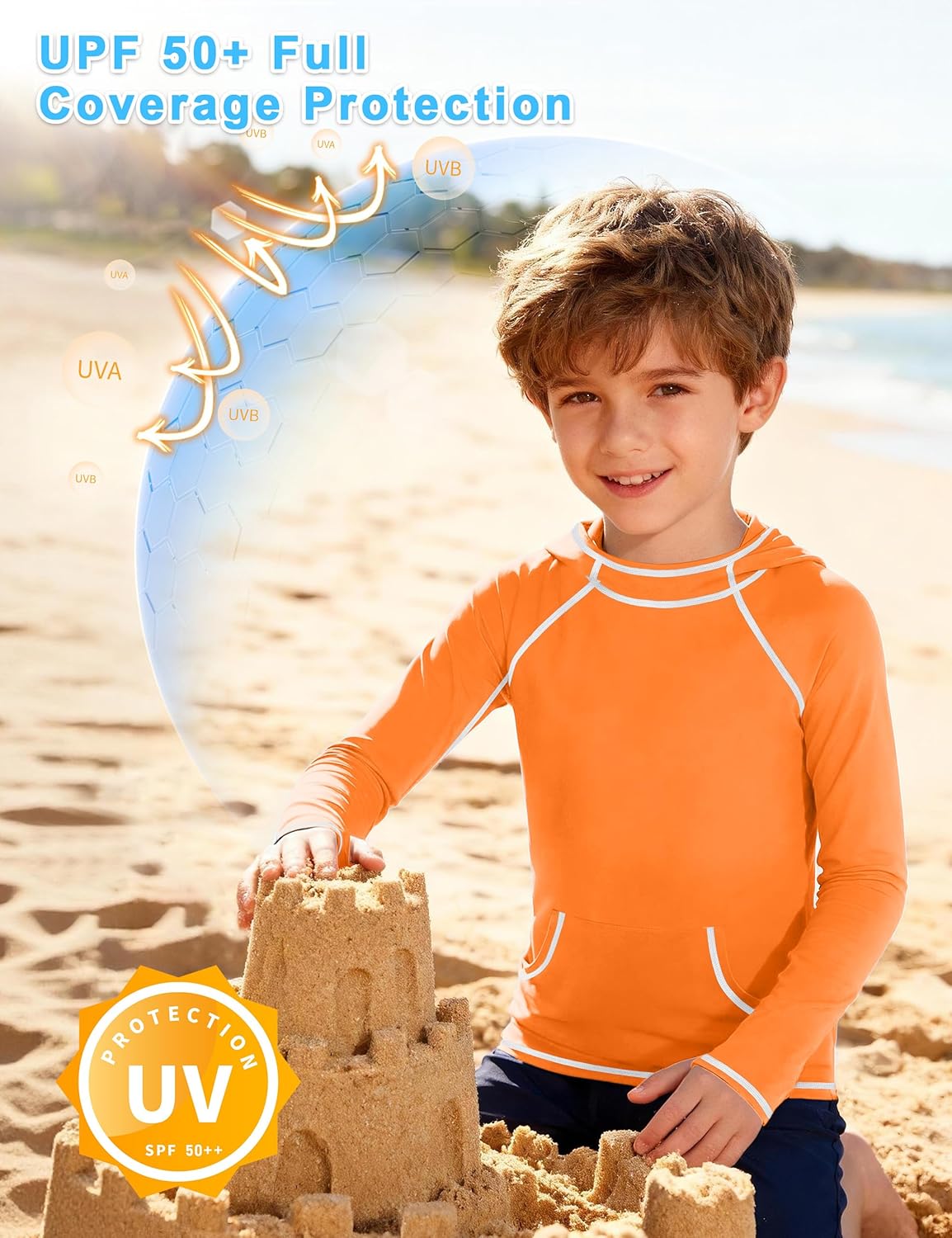 Skiennix Boys Rash Guard Hoodie - Long Sleeve Kids Swim Shirt with UPF 50+ Sun Protection | Pocket Included