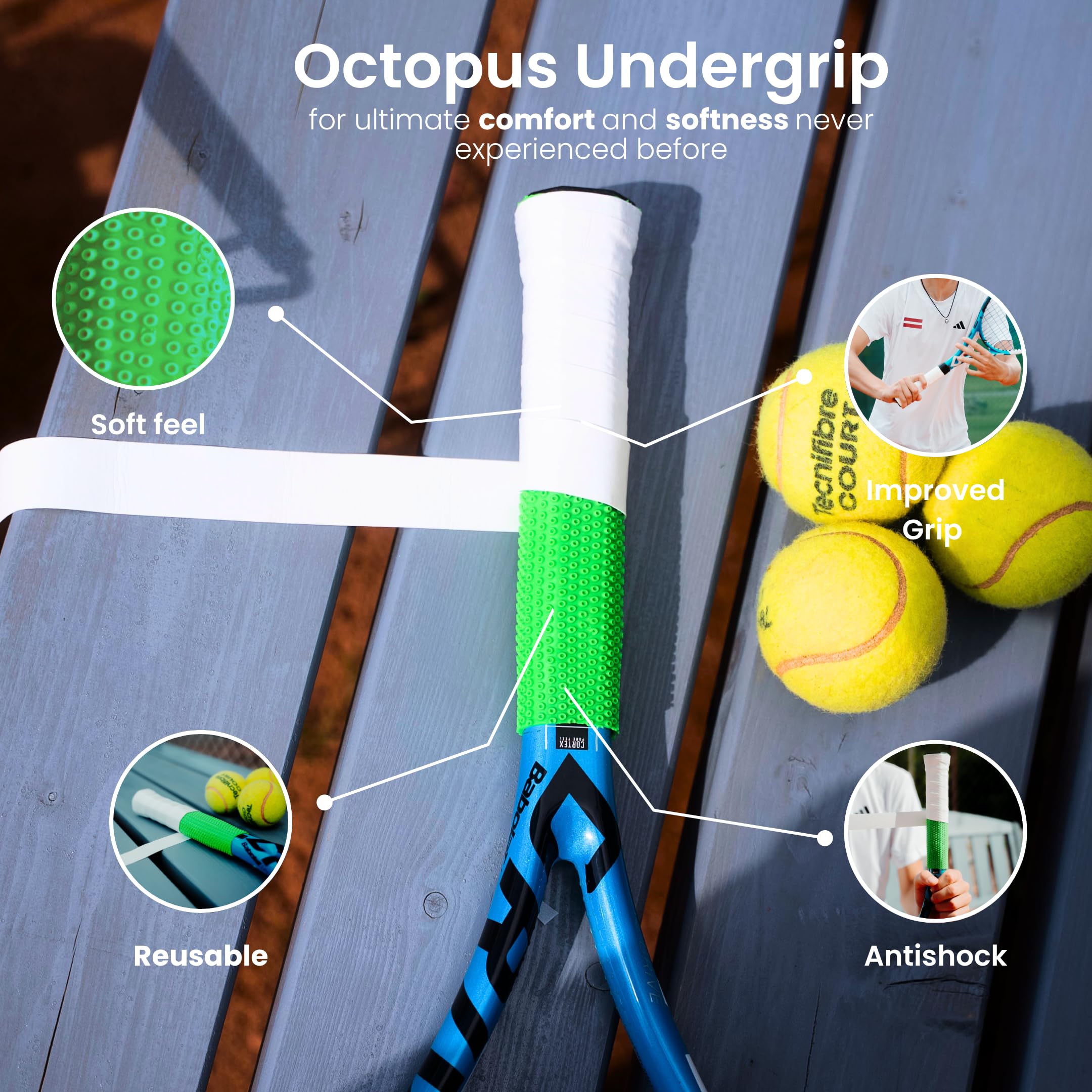 ROCKETGRIP Octopus Tennis Racket Undergrip (2-Pack) – Soft Silicone Undergrip for Tennis Racket – Cushioned, Sweat-Resistant Fit – Vibration Dampening Tennis Accessory (Green)