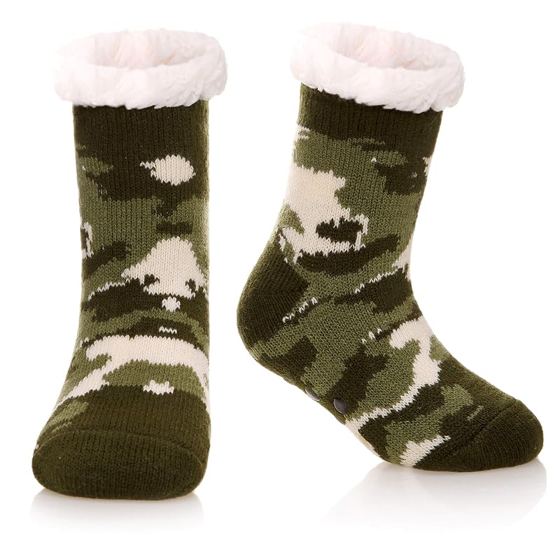 Green Camouflage DoSmart Kids Fuzzy Slipper Socks – Warm Plush Indoor Winter Stockings (8-12 Years)