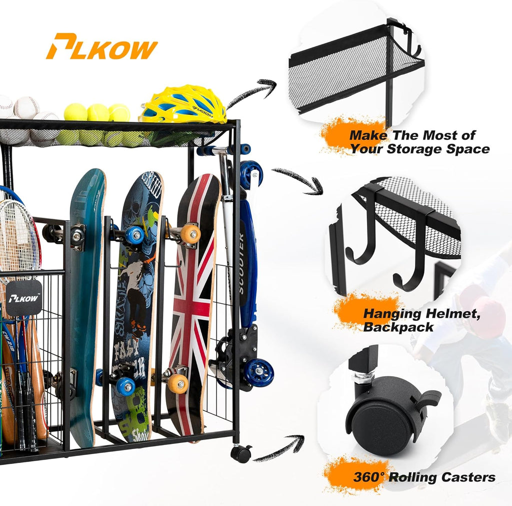 PLKOW Skateboard Storage Rack - Heavy-Duty Organizer with Wheels for Skateboards, Scooters & Gear