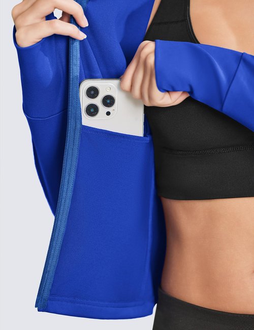 PINSPARK Cropped Workout Jacket for Women Light Weight Long Sleeve Yoga Track Jackets Full Zip Golf Sports Jacket with Pockets Royal Blue S