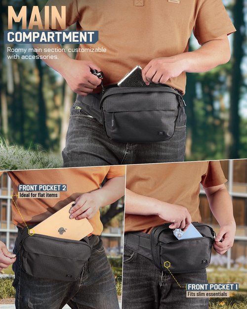 Tactical Fanny Pack for Men Women, Security Carry Crossbody Bag, Anti Theft EDC Waist Bag for Hiking Hunting (Adjustable Up to 57" Waist)