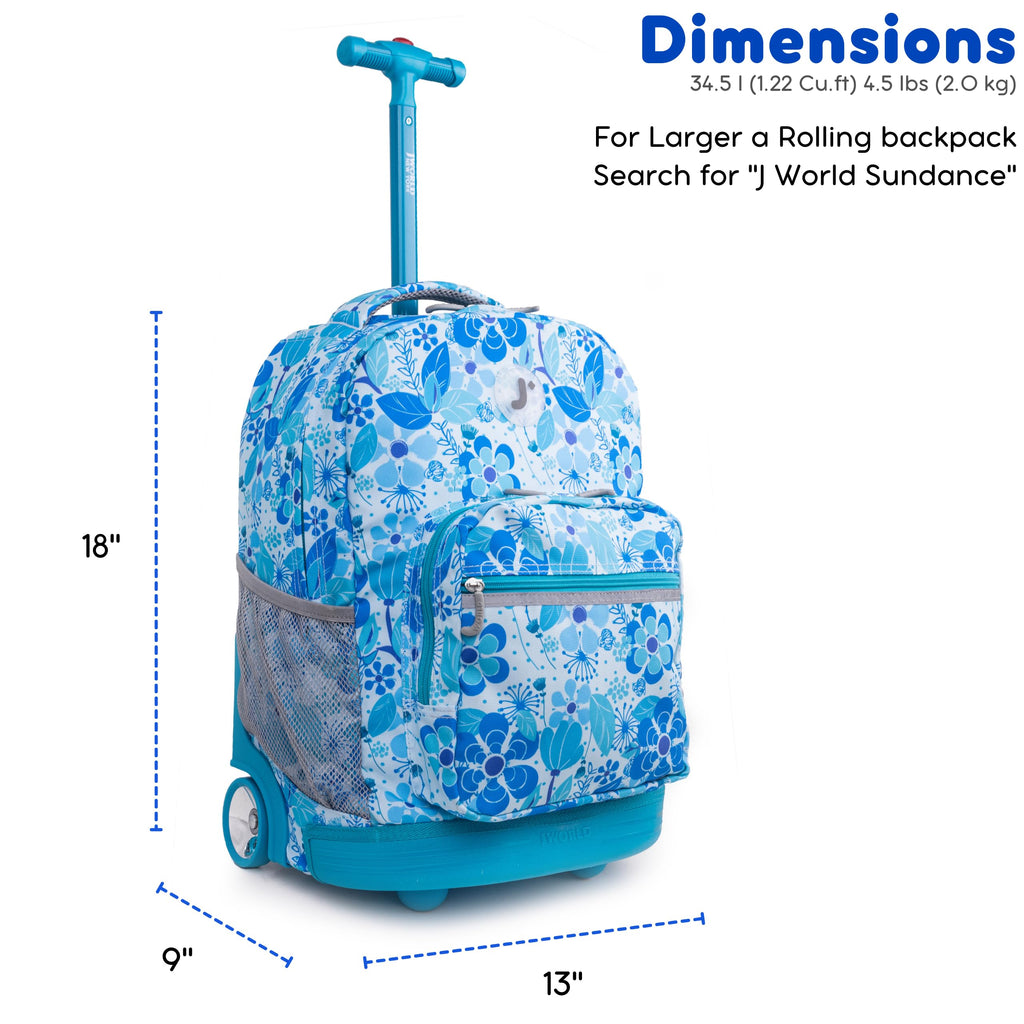 J World Sunrise Kids Rolling Backpack with Wheels for Girls Boys, Roller Bookbag for School, 18 x 13 x 9 Inches, Blue Vine