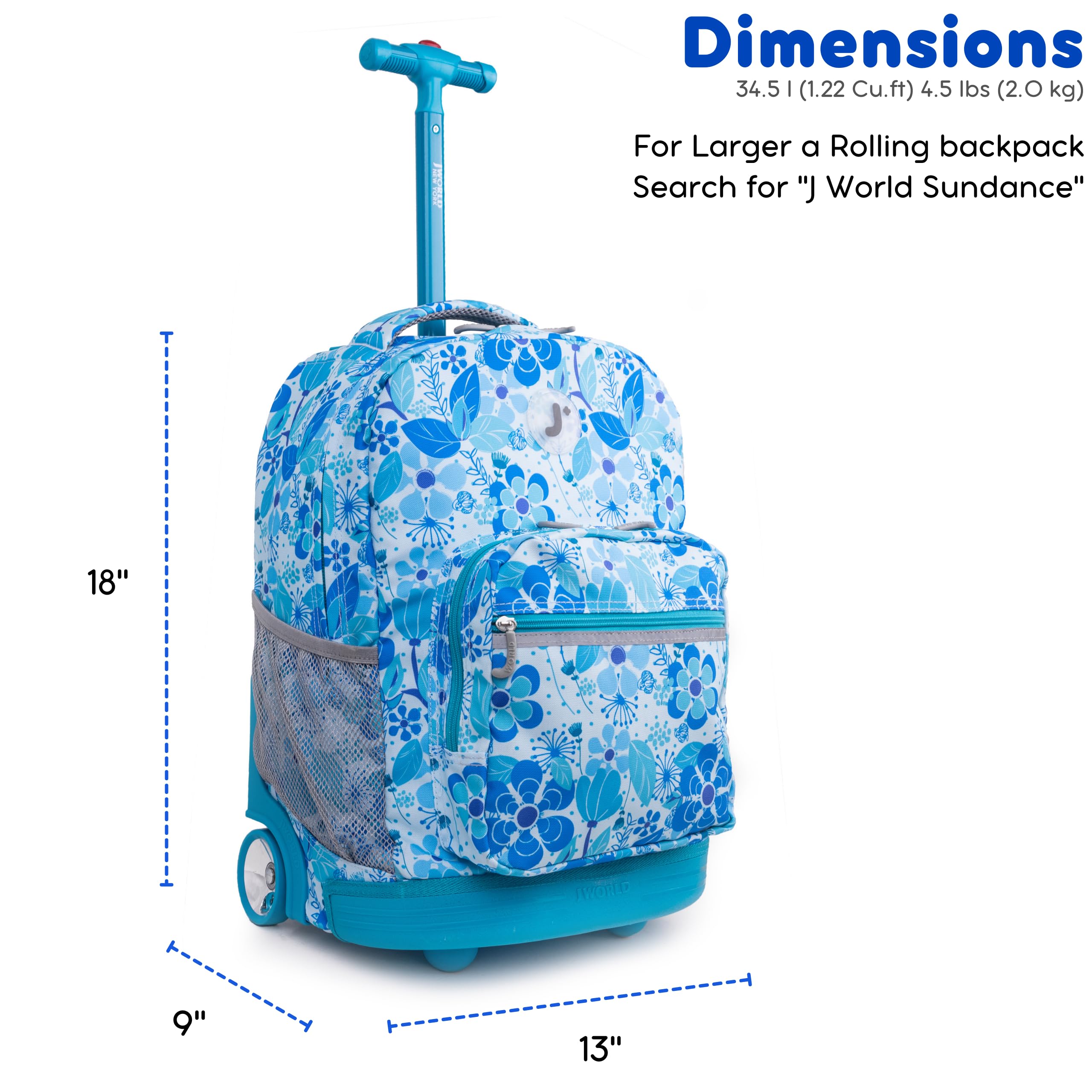 J World Sunrise Kids Rolling Backpack with Wheels for Girls Boys, Roller Bookbag for School, 18 x 13 x 9 Inches, Blue Vine