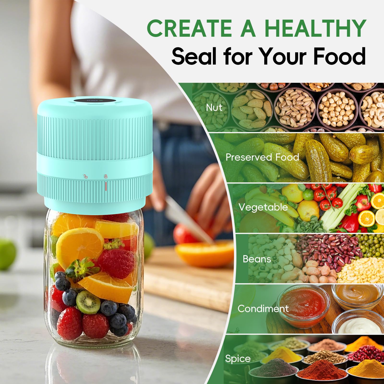 Mason Jar Vacuum Sealer Kit, Electric Sealer for Wide and Regular Mouth Mason Lids, Canning Vacuum Sealer Mason Jar, Automatic Vacuum Sealer Machine for Food Storage - Celadon Blue-Green