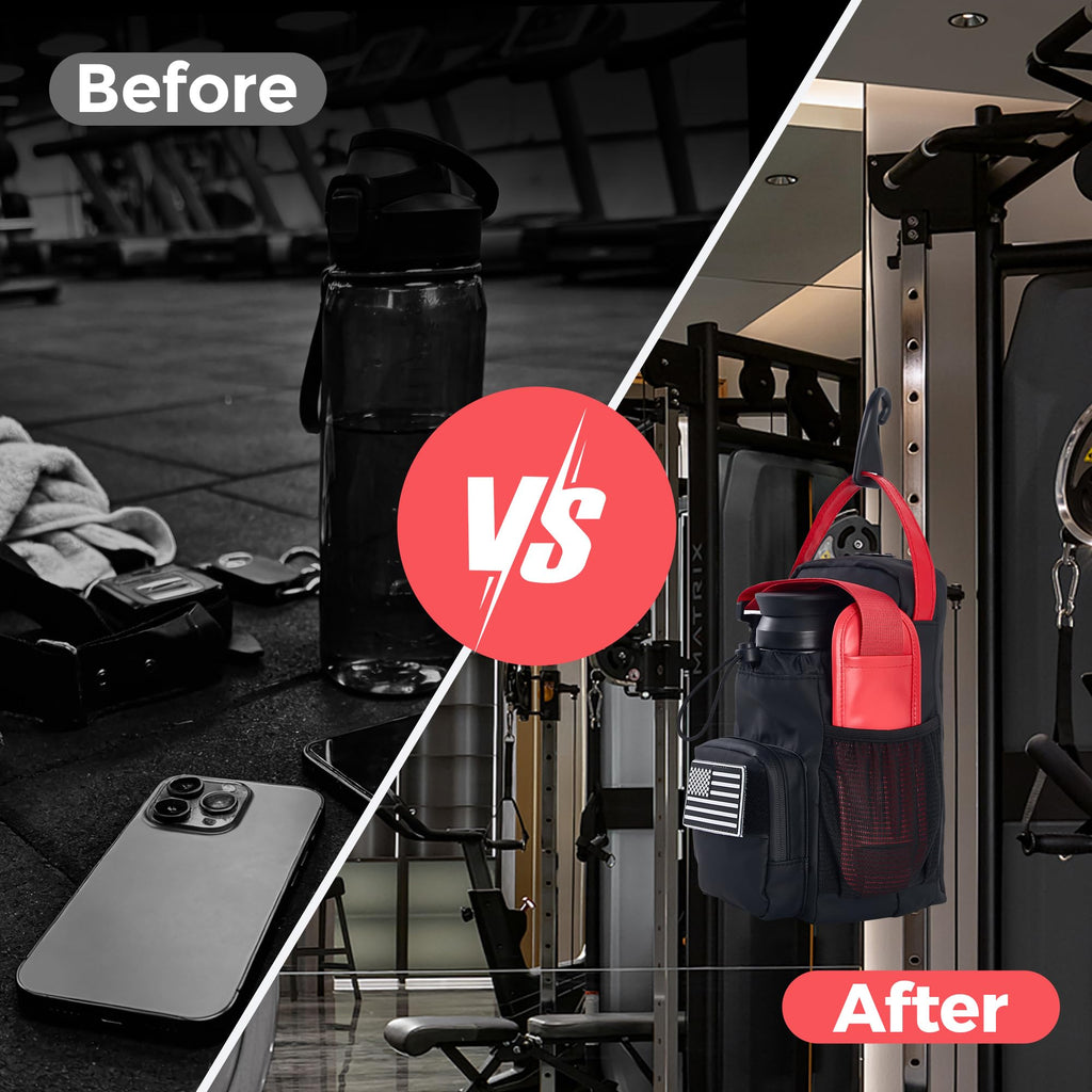 Magnetic Gym Bag & Water Bottle Holder for Gym Equipment, Compact Sling Pouch with 3 Pockets, Strong Magnet Attachment for Squat Racks, Cable Machines & Lockers, Removable Patch, Black