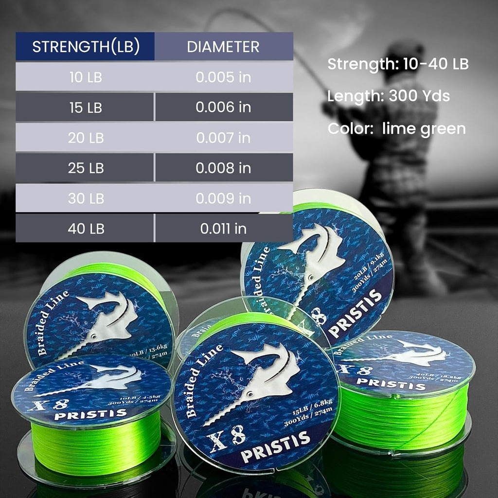 Pristis X8 Braided Fishing Line - 8-Strand Super Strong, Abrasion Resistant, 300 Yds Lime Green