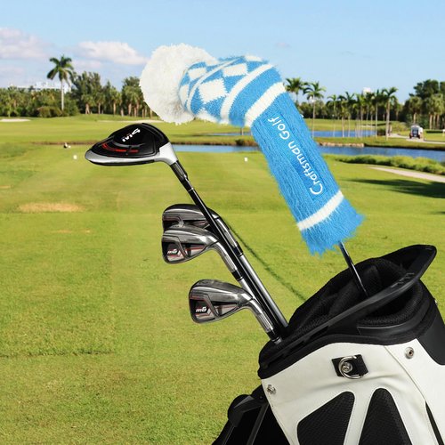 Craftsman Golf Knit Blue and White Diamond Pattern Pom Pom Driver Head Cover Headcover for Callaway Mizuno Cobra Taylormade
