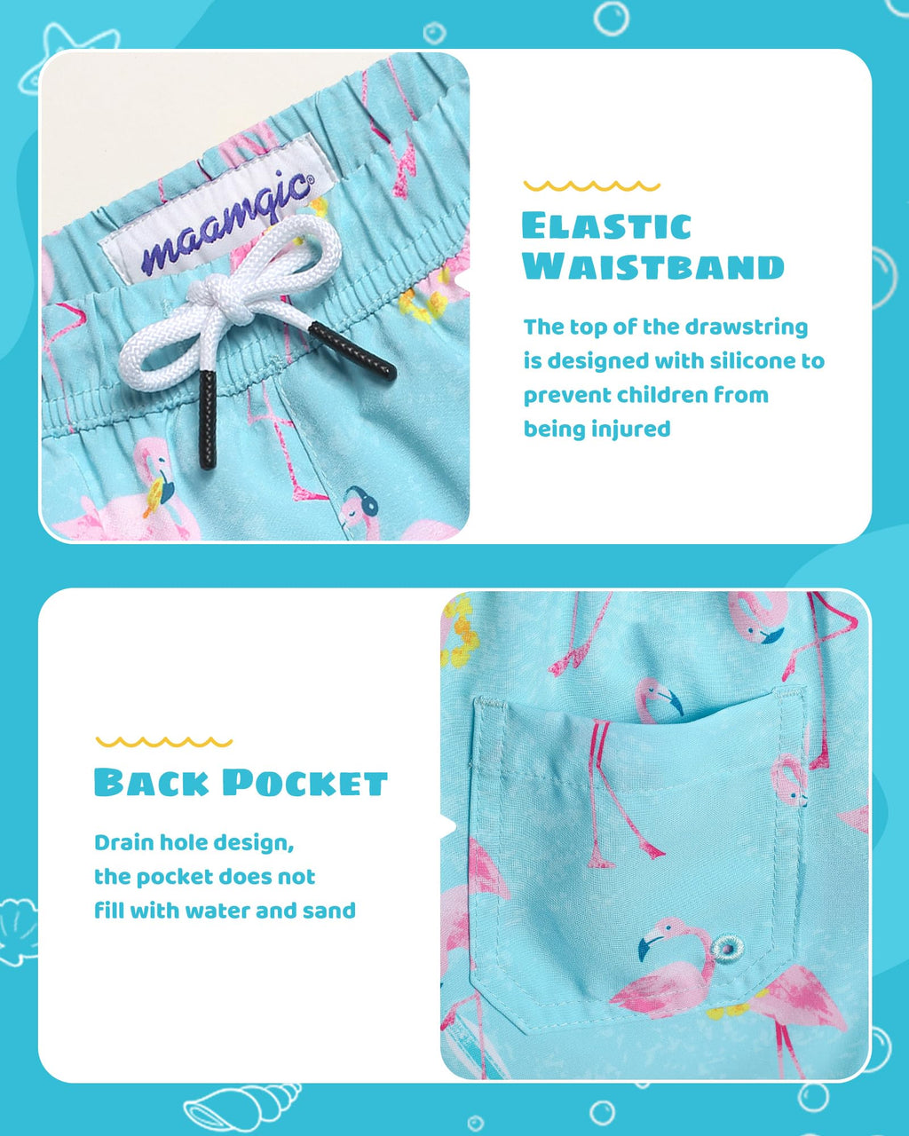 maamgic Boys Swim Trunks with Compression Liner Toddler Stretch Swim Shorts Quick Dry Swimming Trunks Boxer Brief 2 in 1 Beach Shorts Aloha Flamingos 14/16