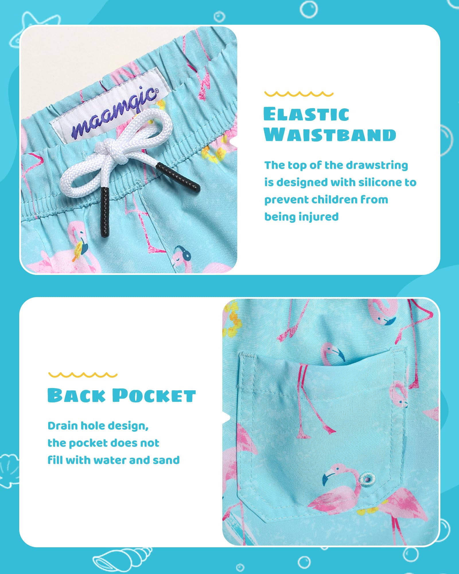 maamgic Boys Swim Trunks with Compression Liner Toddler Stretch Swim Shorts Quick Dry Swimming Trunks Boxer Brief 2 in 1 Beach Shorts Aloha Flamingos 14/16