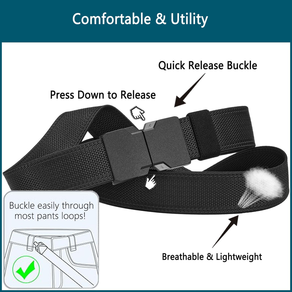 LionVII Quick Release Elastic Belt, Men Stretch Belts with Buckle Fit Through Belt Loops, Adjustable Trim to Fit 28-48" Waist (Black)