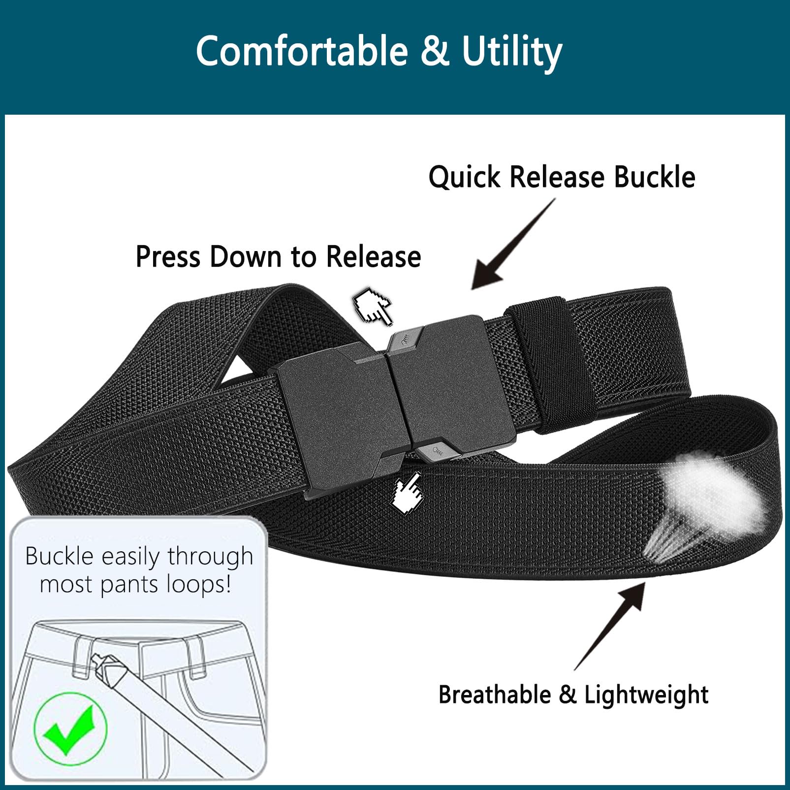 LionVII Quick Release Elastic Belt, Men Stretch Belts with Buckle Fit Through Belt Loops, Adjustable Trim to Fit 28-48" Waist (Black)