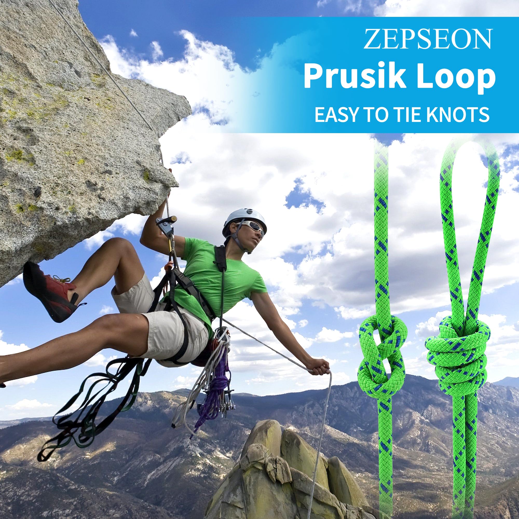 ZEPSEON Prusik Cord 8mm (5/16in) 20M(65ft) Climbing Nylon Rope Accessory Line Double Braid Pre Cut Cord Climbing Rock Accessories Uiaa High Tensile Strength for Mountaineering, Canyoneering, Rescue