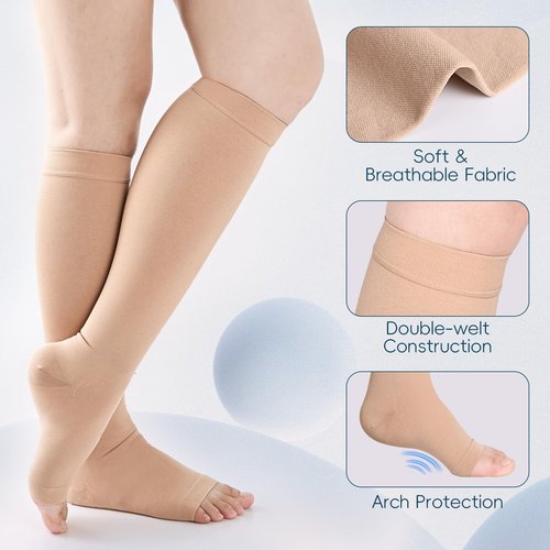 Wegitcs 2 Pairs Compression Socks for Women and Men,20-30mmHg Open Toe Compression Sock,Knee High Graduated Medical Compression Stockings,Best Support Socks for Varicose Veins(Beige&Black,Large)