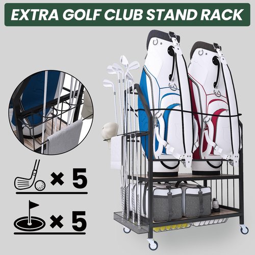 FLYJOE Golf Bag Organizer Storage Golf Bag Rack for Two Golf Bags with Clubs Holder and Golf Equipment Accessories Movable Lockable Wheels for Garage