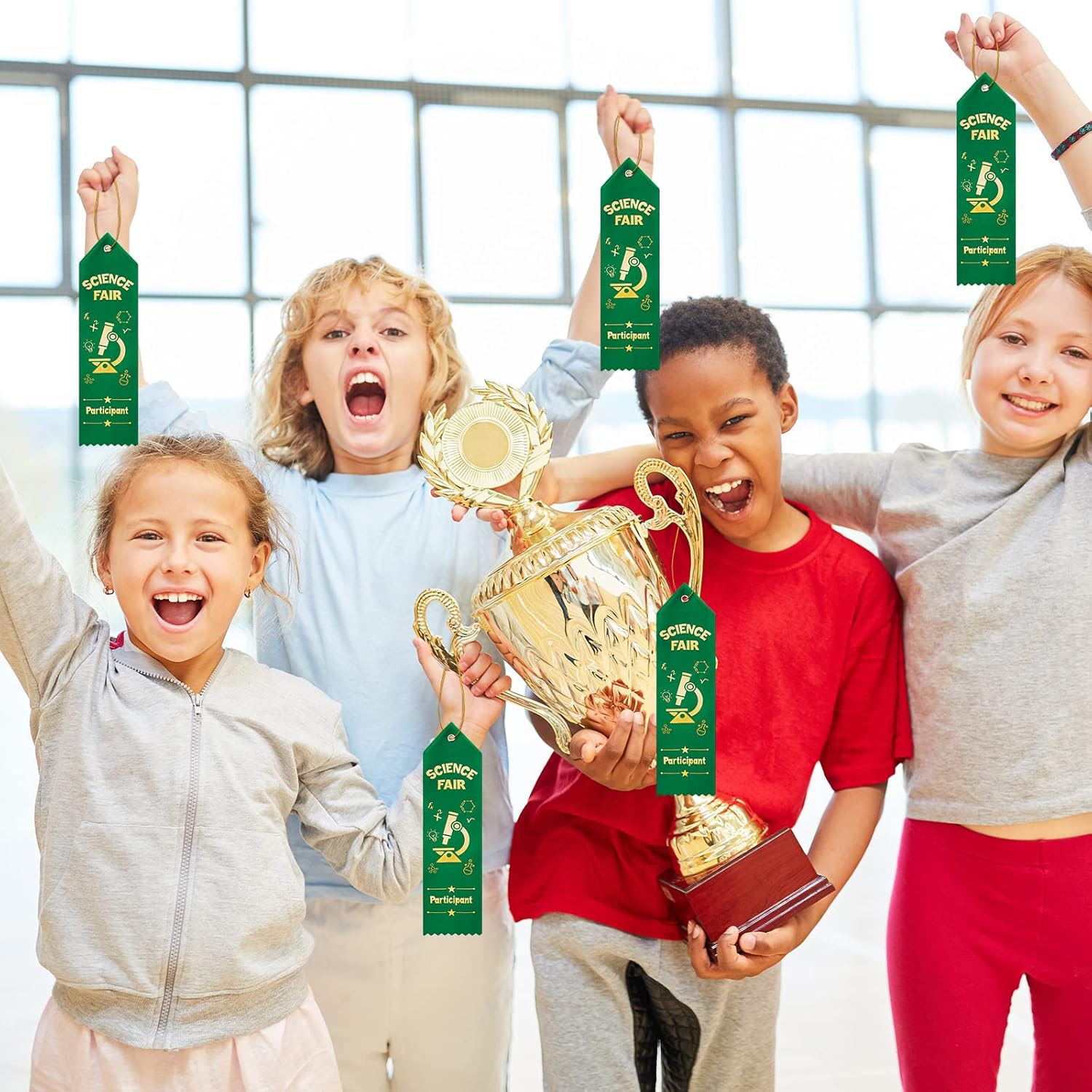 Taiyin 25 Pcs Science Fair Award Ribbons - Green Participation Prizes with Event Card String