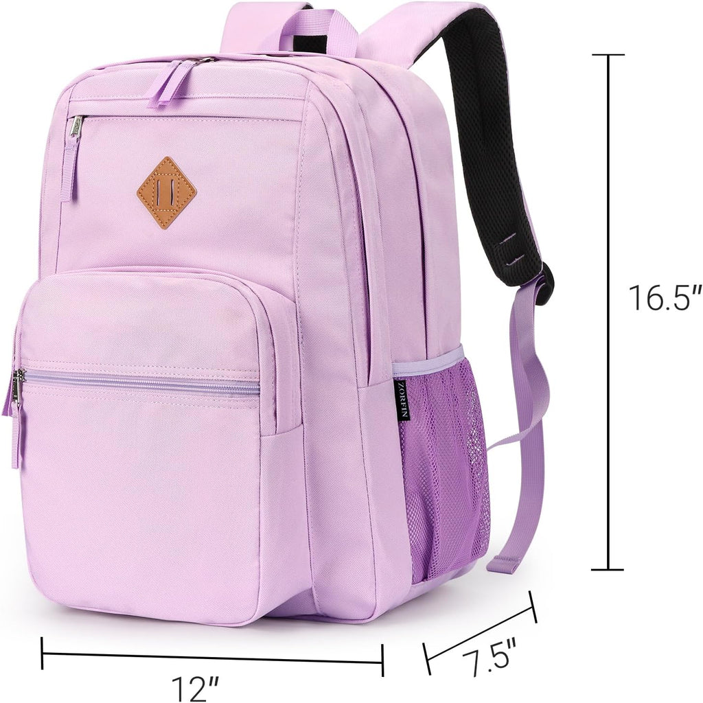 ZORFIN 26L Water Resistant Backpack for College & Travel | Light Purple Bookbag