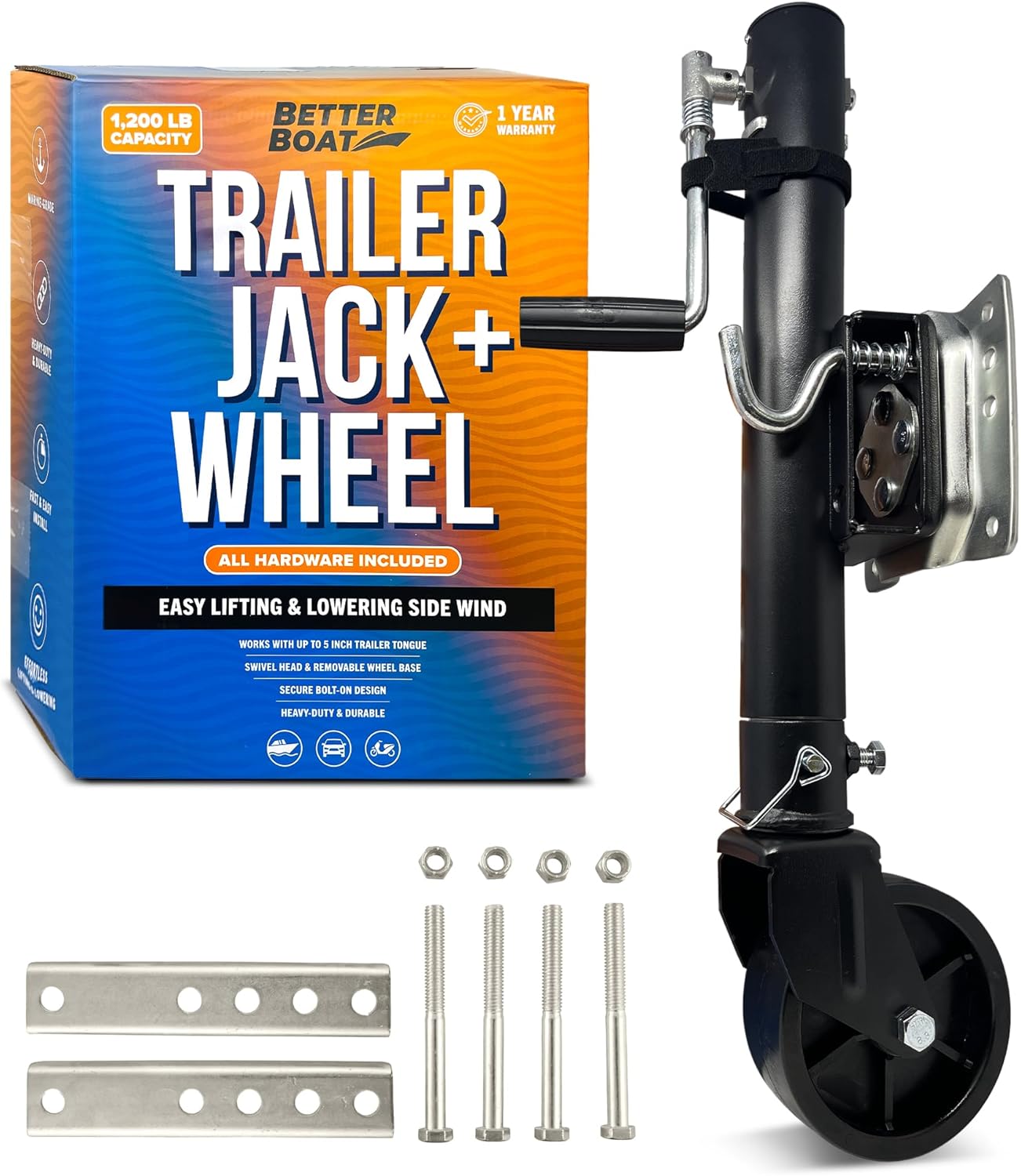 Better Boat Boat Trailer Jack - Heavy Duty Folding Tongue Jack with Wheel | 1200 lb Capacity