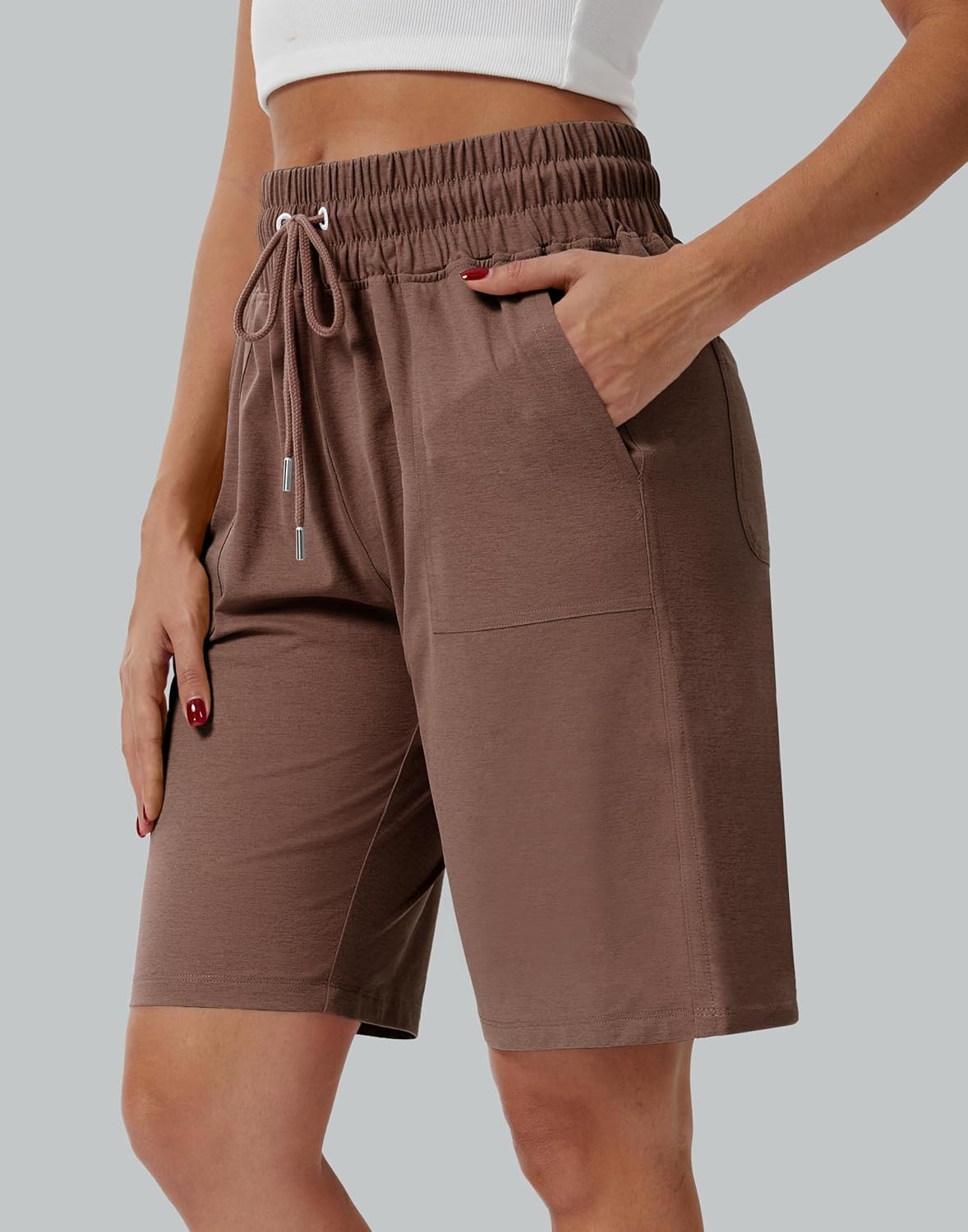 Skiennix Women's Bermuda Shorts - 10" Long High-Waisted Comfy Jersey with Pockets for Casual Wear