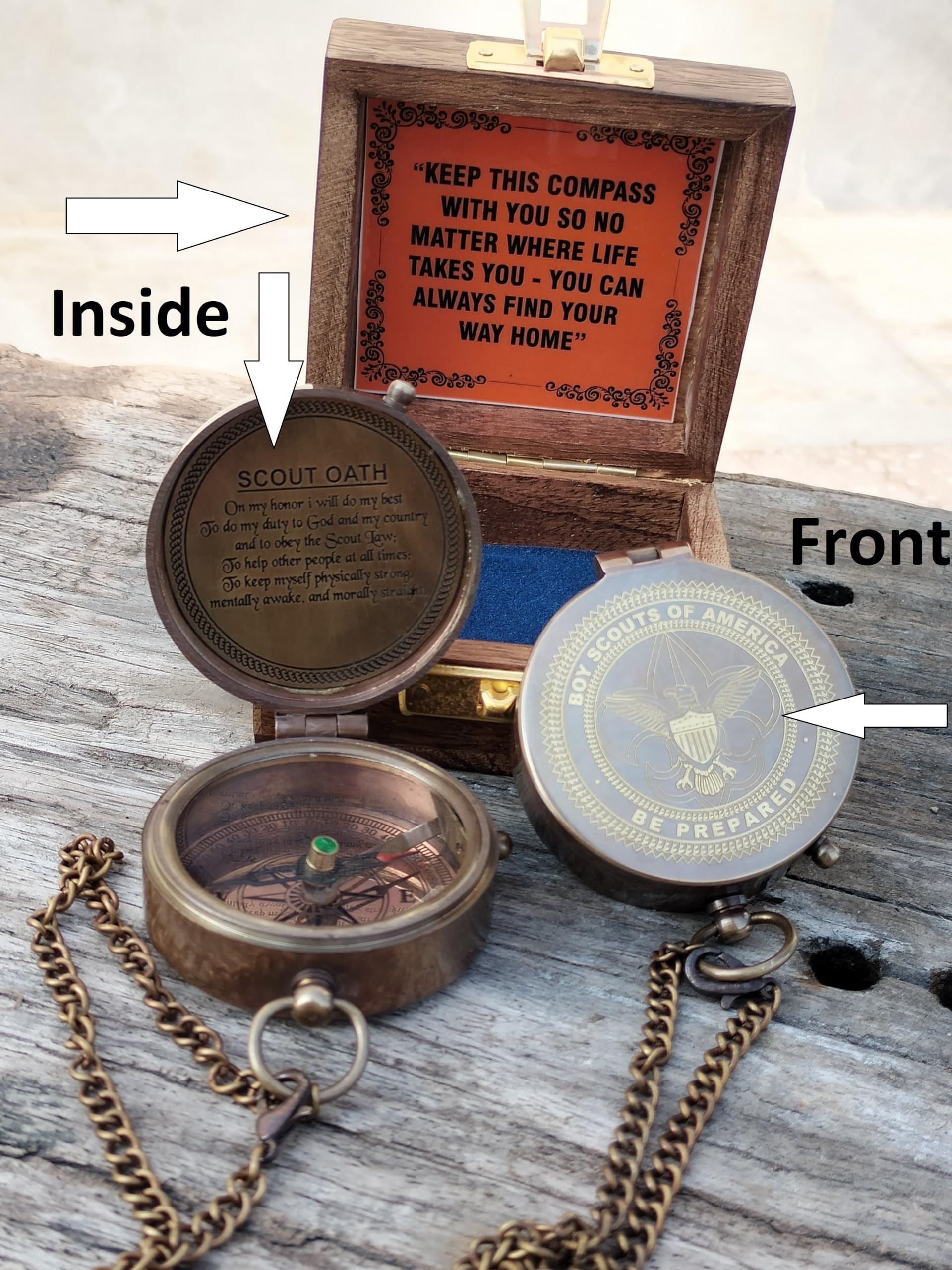 SAYRA NAUTICALSS Personalized Brass Compass | Vintage Brass BOY Scout Oath Compass Personalized Compass with Woooden Box