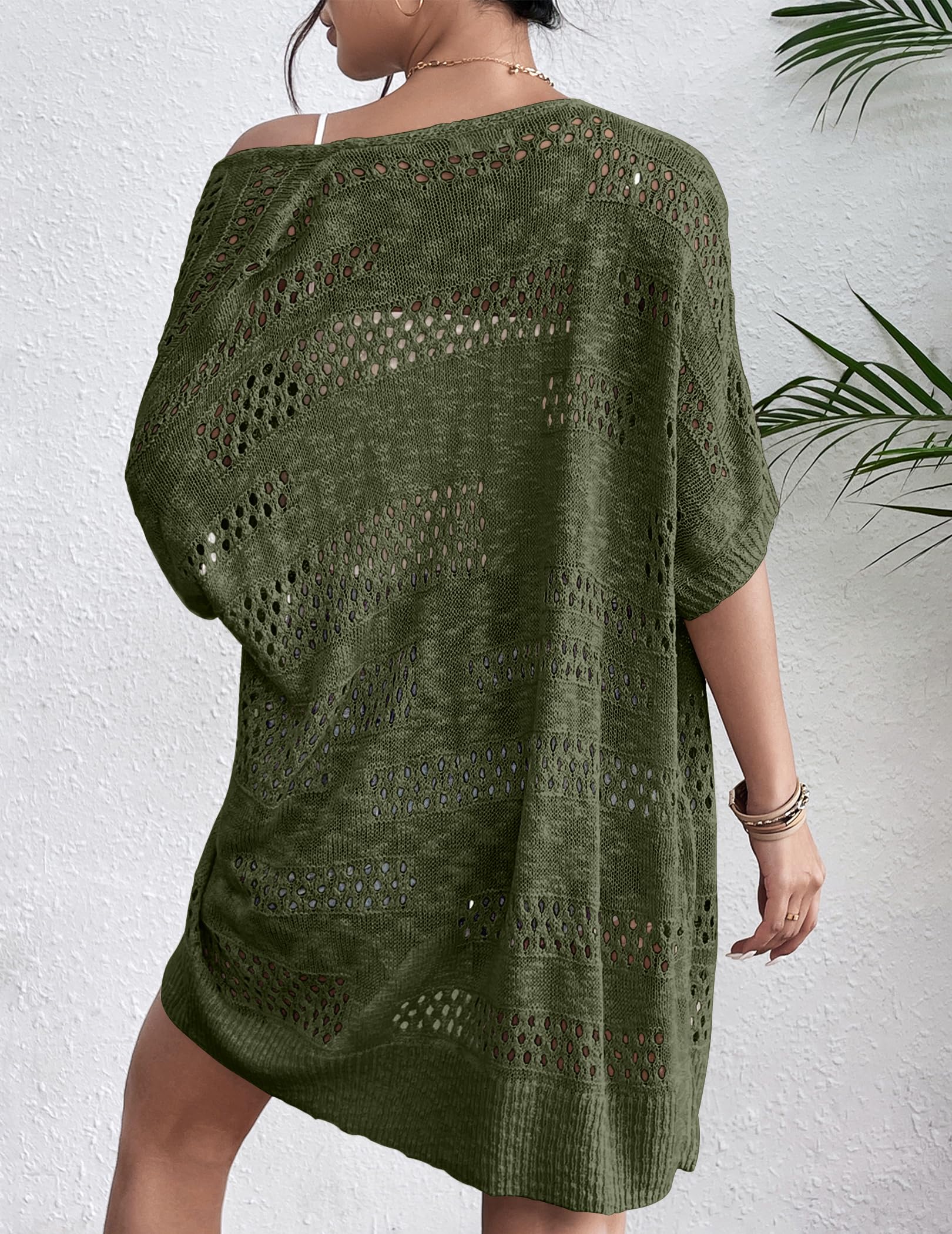 Zeagoo Crochet Cardigan for Women Light Weight Boho Short Sleeve Loose Fit Knitted Oversized Cardigan for Summer Dark Green
