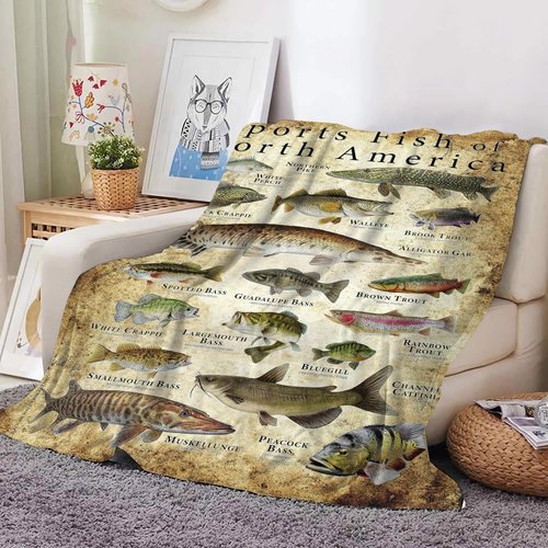 Quisenti Fishing Enthusiast Blanket - Sports Fish of North America, Fish Knowledge, Unique Fisherman Gifts for Boys, Dad, Grandpa (40in*60in)