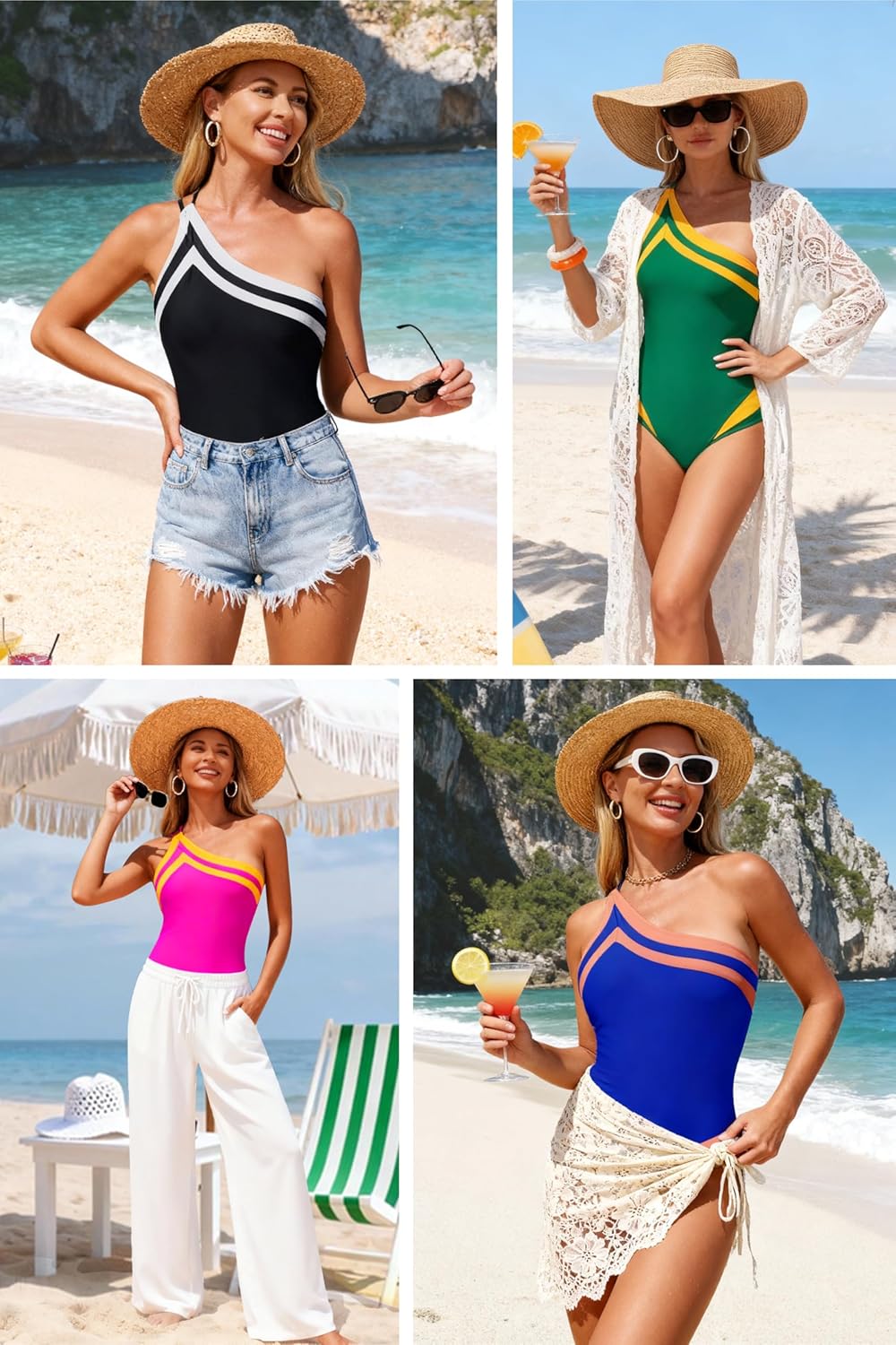 Skiennix Women's One-Piece Swimsuit - Flattering One Shoulder Design with Tummy Control | Color Block Slimming Style