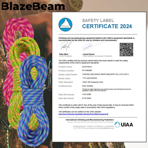 BlazeBeam 8mm Accessory Cord 6M (20ft) UIAA Rock Climbing Rope 14Kn High Tensile Strength Rock Climbing Accessories Cord Double Braid Nylon Cord for Mountain Tree Climbing, Canyoneering,Fire Rescue