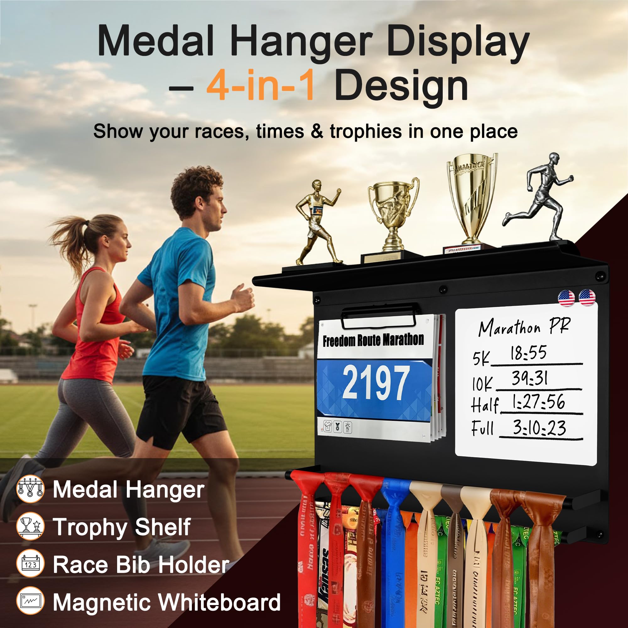 KWYADLUO Running Medal Hanger Display with Trophy Shelf, Race Bib Holder and Whiteboard, 2-Bar Medal Holder for 50+ Medals with Flag Magnets, Marker, Wall Mounted, Black