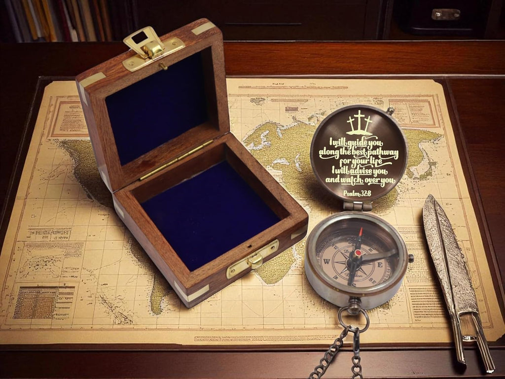 Skiennix Personalized Baptism Compass - Engraved Name & Date | Religious Keepsake Gift with Wooden Box & Leather Case