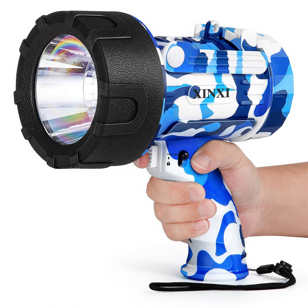 XINXI Rechargeable Spotlight, 2,000,000 Lumen High Powered Flashlight, IP67 Waterproof Handheld Search Light, Featuring Long Runtime as an Outdoor Spot Light for Hunting, Camping, Fishing (Blue)