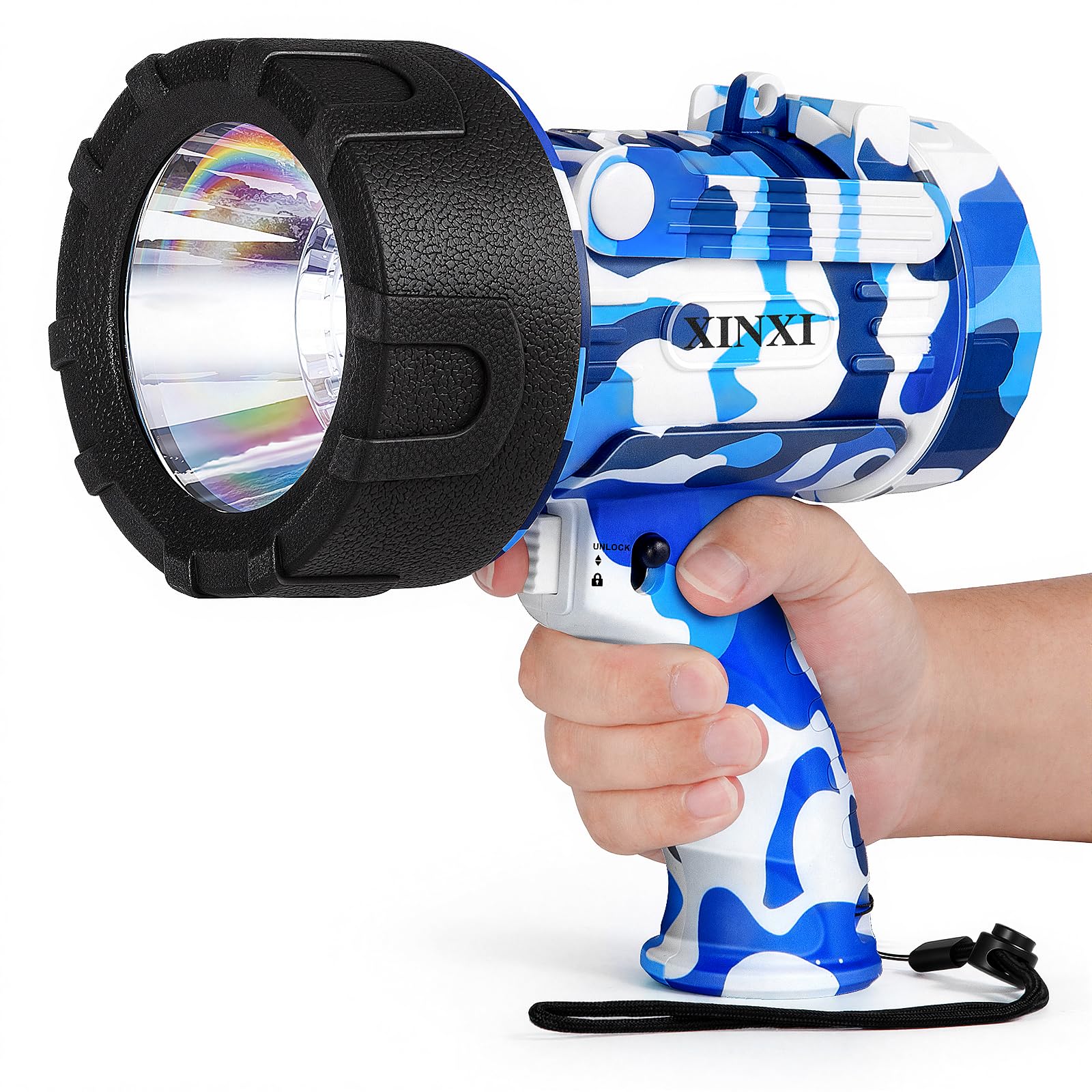XINXI Rechargeable Spotlight, 2,000,000 Lumen High Powered Flashlight, IP67 Waterproof Handheld Search Light, Featuring Long Runtime as an Outdoor Spot Light for Hunting, Camping, Fishing (Blue)
