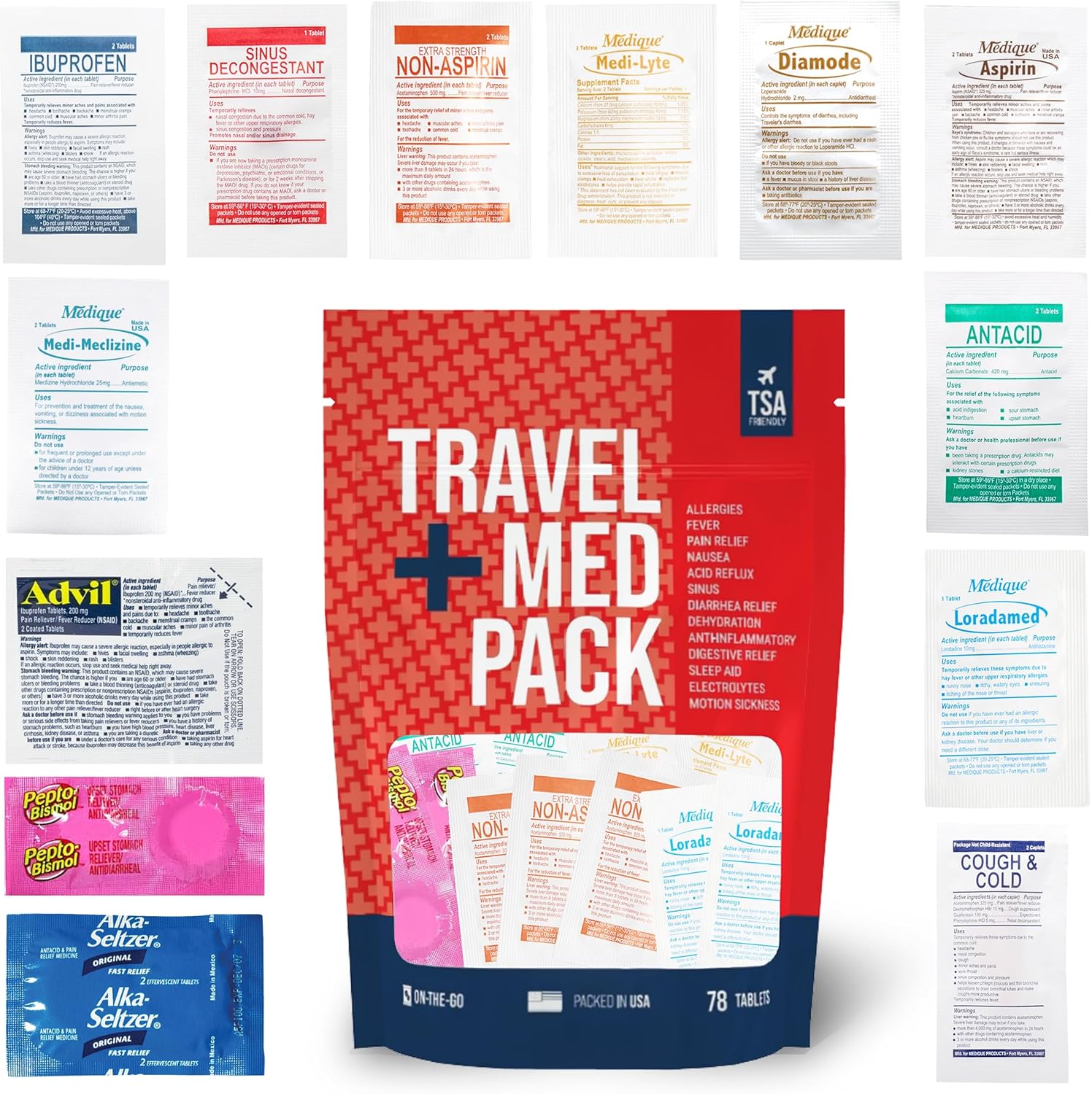 Travel Medicine Kit - 78-Piece TSA-Friendly Med Pack for Flights & Cruises | Essential Individually Wrapped Medications