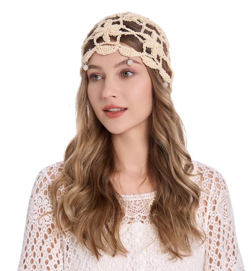 ZLYC Women Cotton Crochet Skull Cap Handmade Knit Cutout Floral Beanie Hat, Beads Beige