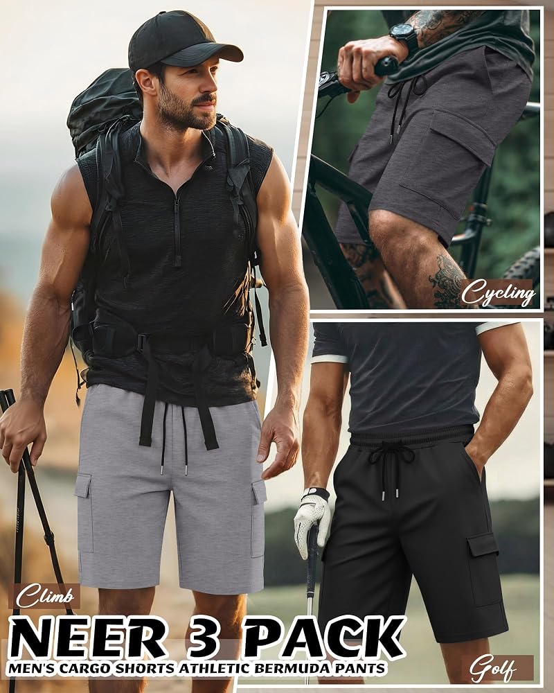 Men's 3 Pack Cargo Shorts – Athletic Sweatshorts with Pockets, Drawstring Waistband, Lightweight 95% Polyester 5% Spandex – Black, Light Gray, Dark Gray (XL) Variation