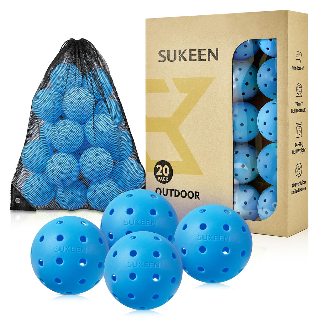 Sukeen Outdoor Pickleball Balls 40 Holes, High Bounce True Flight Pickleball Ball, High Visibility Outdoor Pickleballs, High Elasticity Pickle Balls with Mesh Bag, 20 Pack Blue