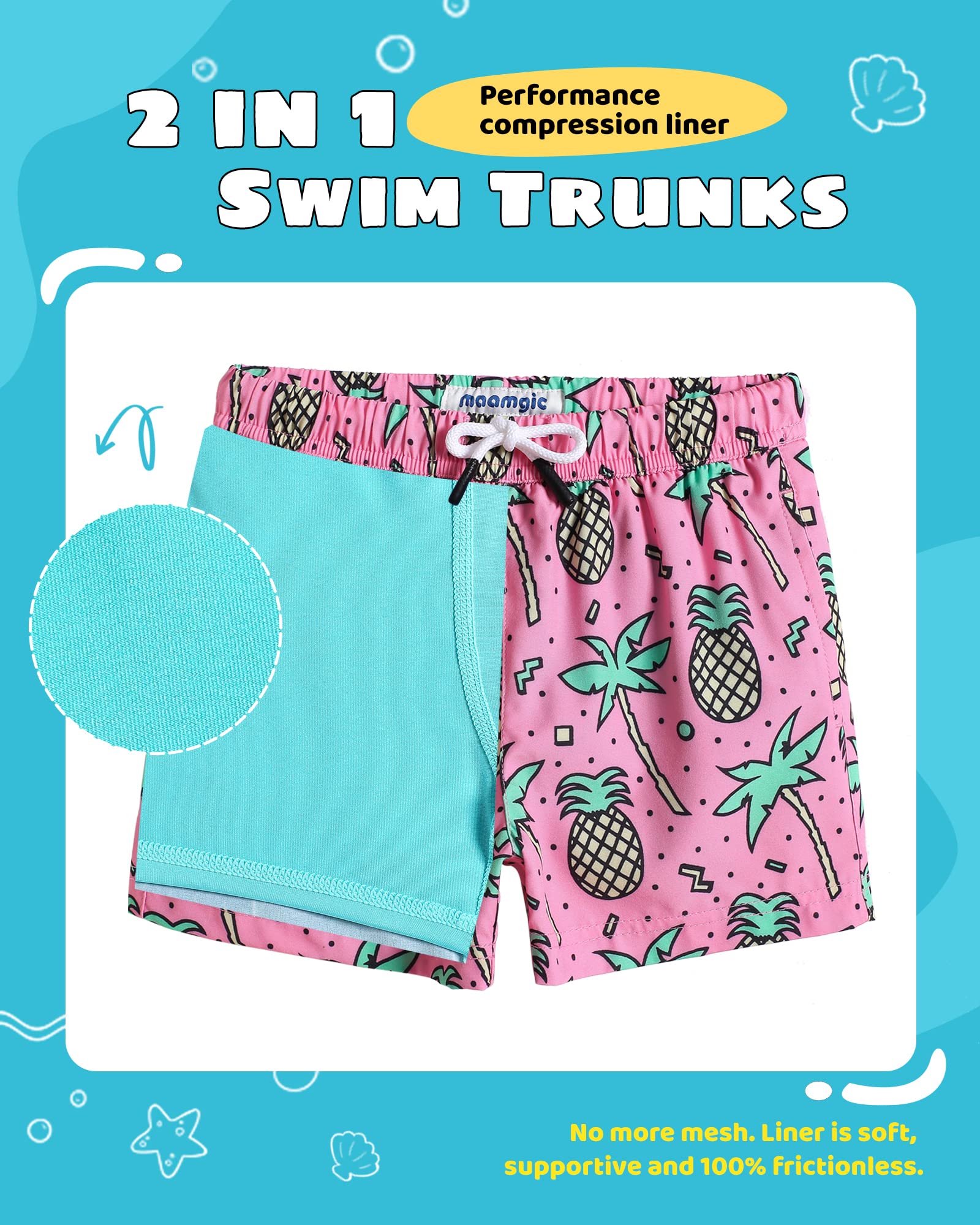 maamgic Boys Swim Trunks with Compression Liner Toddler Stretch Swim Shorts Quick Dry Swimming Trunks Boxer Brief 2 in 1 Beach Shorts Rose Coconut 2T