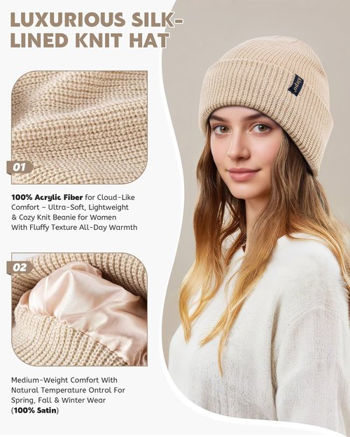 3 Pack Satin Lined Beanie for Women Men, Fashionable Silk Lined Winter Hats for Cold Weather, Warm Cable Knit Skull Cap Cuffed Beanies-01