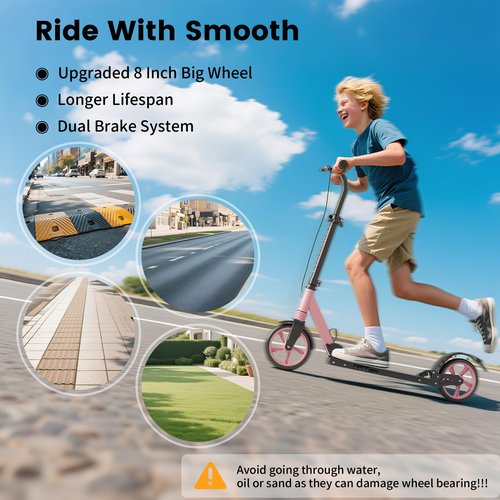 Kick Scooter with Dual Brakes for Kids Age 8+, Teens, Adults, Dual Suspension Foldable Lightweight Scooter with 8 Inch Big Wheels, Max Load 240 LBS Wide Deck