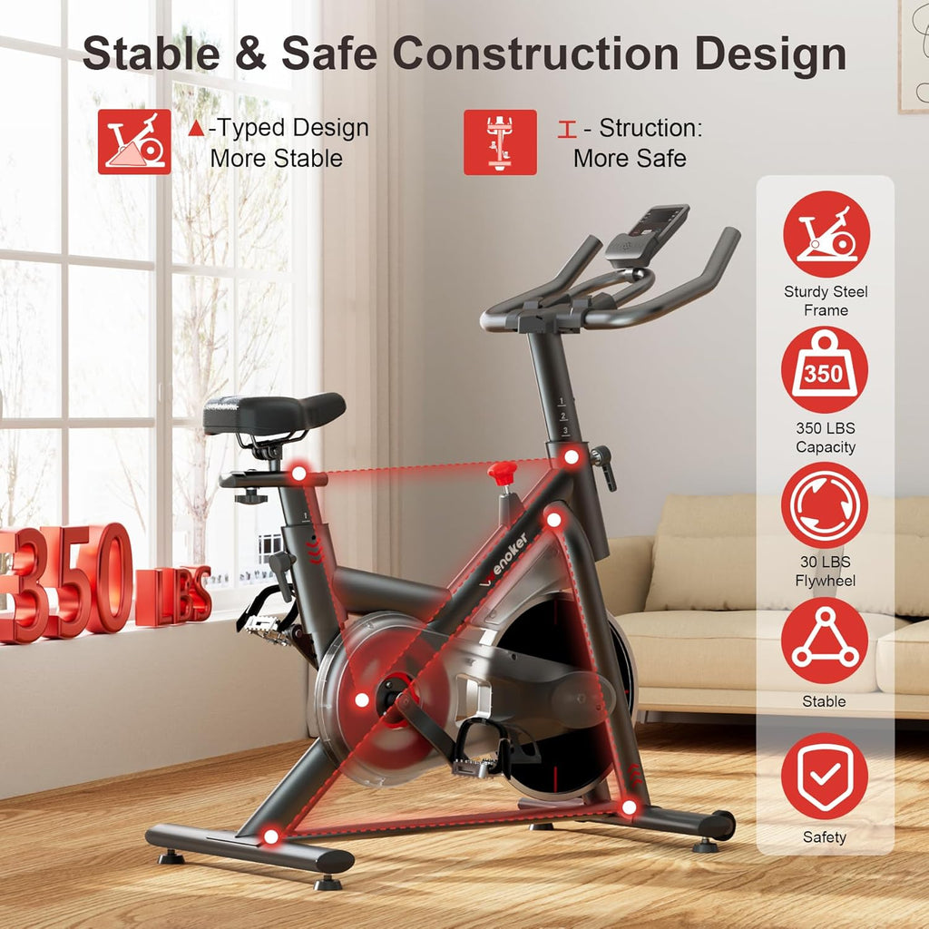 Wenoker Exercise Bike for Home – 350LB Indoor Cycling Bike, Silent Stationary Spin Bike with App Sync, Adjustable Seat, LCD Monitor, Smooth & Quiet for Cardio Workout