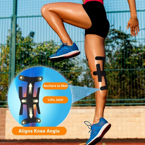 Precut Kinesiology Tape for Knees Valgus–12PCS KTQUICK Pain Relief Athletic Tape, Waterproof & Hypoallergenic Latex-Free, Elastic Breathable Long-Lasting Knee Support Tape for All(Black)