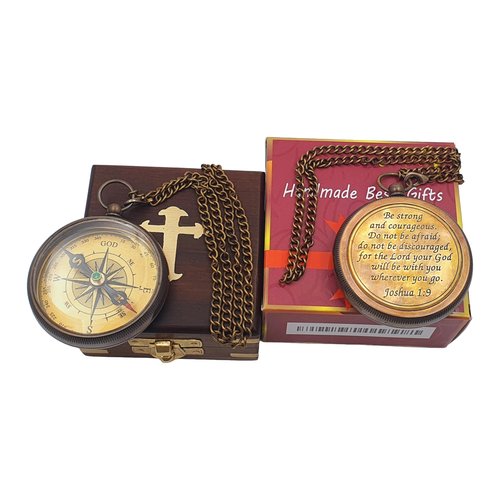 Antique Nautical Compass with “Be Strong and Courageous” Scripture Engraved | Vintage Magnetic Compass with Wooden Box | Baptism, Graduation, Christian Gift for Son, Father, Loved Ones