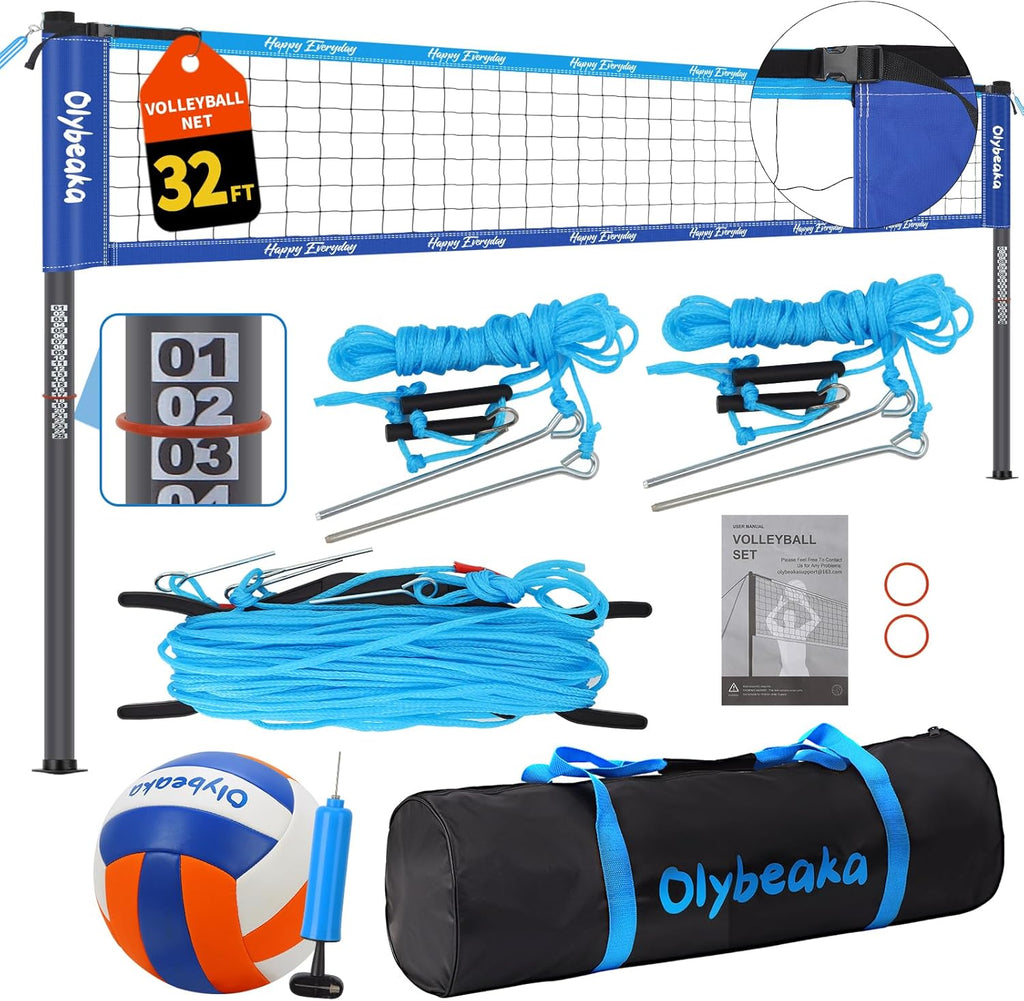 Skiennix Portable Outdoor Volleyball Net Set - Heavy Duty Poles, Durable Net & PU Volleyball | 32ft, Blue