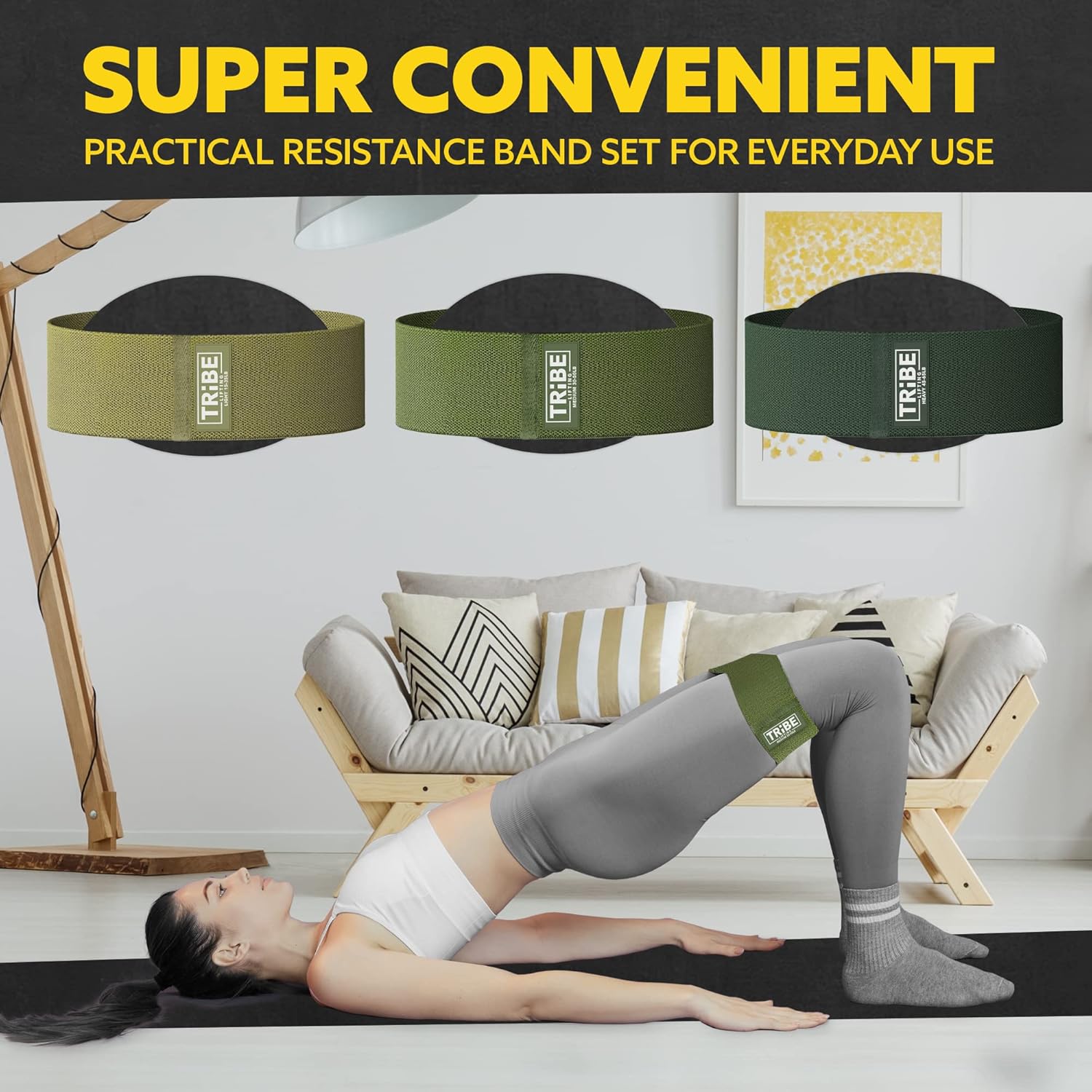 Tribe Lifting Resistance Bands - Non-Slip Fabric Workout Bands Set for Legs & Glutes - 3 Pack