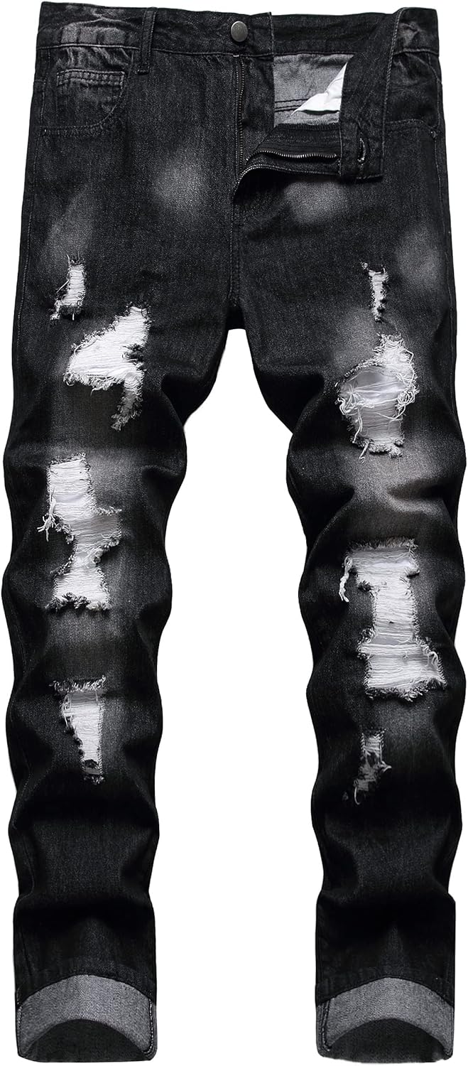 Skiennix Men’s Ripped Jeans - Slim Fit Straight Leg Denim Pants with Distressed Holes