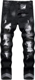 Skiennix Men’s Ripped Jeans - Slim Fit Straight Leg Denim Pants with Distressed Holes