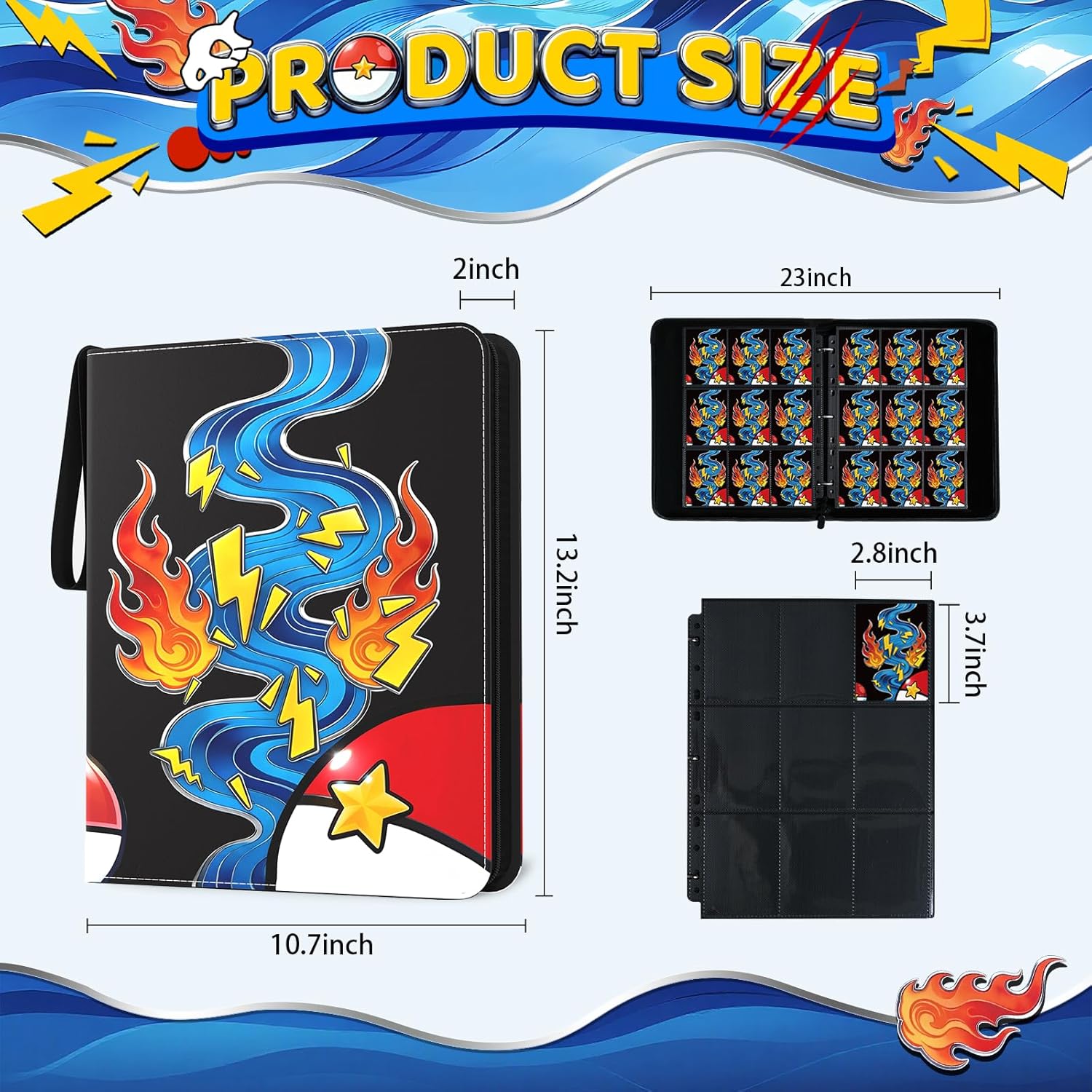 Skiennix Trading Card Binder - 900-Pocket 3-Ring Zipper Holder with 50 Removable Sleeves | Aqua Breath